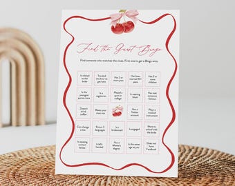 Find the Guest Bingo Game, Coquette Cherry Bridal Shower Bingo, Social Game, Printable, Editable Template, Instant, Templett #0056-02BRG