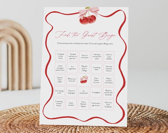 Find the Guest Bingo Game, Coquette Cherry Bridal Shower Bingo, Social Game, Printable, Editable Template, Instant, Templett #0056-02BRG
