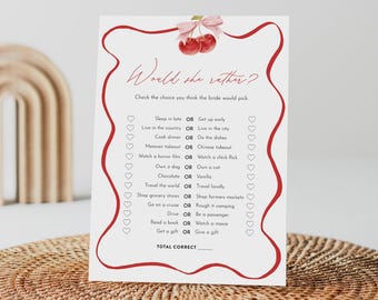 Coquette Cherry Would She Rather Bridal Shower Game Template, Printable, Editable Template, Instant Download, Templett #0056-04BRG