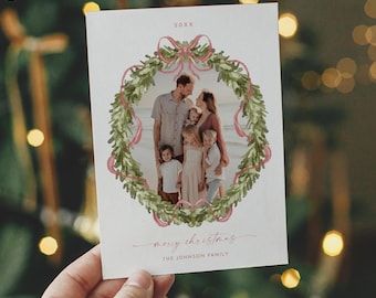 Coquette Christmas Card Template, Photo Holiday Card, Bow, Ribbon Editable, Upload Your Photo, Instant Download, Templett, 5x7 #183HP