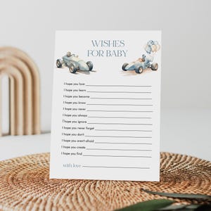Tarjeta de deseos para bebé, consejos para bebé, baby shower de niño con coche de carreras clásico, pequeño corredor, plantilla editable, Templett, 5x7 #0068-29BAG