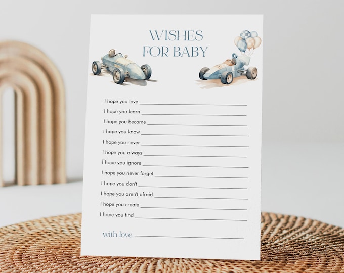 Wishes For Baby Card, Advice for Baby, Vintage Race Car Boy Baby Shower, Little Racer, Editable Template, Templett, 5x7 #0068-29BAG