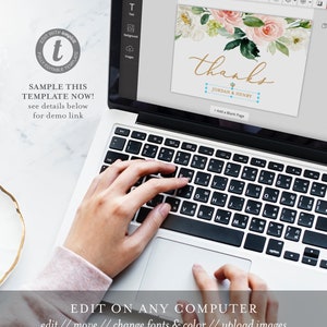 May include: A laptop displaying a wedding thank you card design with floral accents and the word "thanks" in gold script. The screen also shows the text "EDIT ON ANY COMPUTER" and "SAMPLE THIS TEMPLATE NOW!"