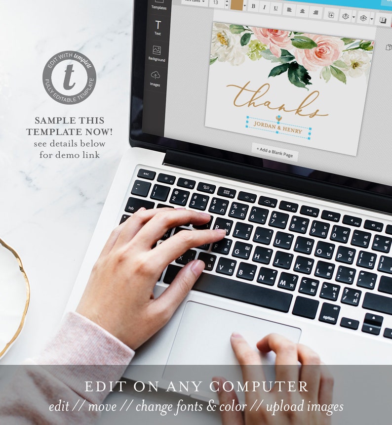 May include: A laptop displaying a wedding thank you card design with floral accents and the word "thanks" in gold script. The screen also shows the text "EDIT ON ANY COMPUTER" and "SAMPLE THIS TEMPLATE NOW!"