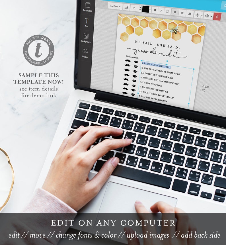 May include: A printable game card with a yellow and brown honeycomb pattern and a bee illustration. The text on the card reads "He said. She said. Guess who said it." and includes a list of statements about relationships.