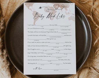 Adventure Baby Shower Mad Libs Game, Travel Theme Baby Shower Mad Libs Game, World Map, Printable, Instant Download, Templett #0039-32BAG