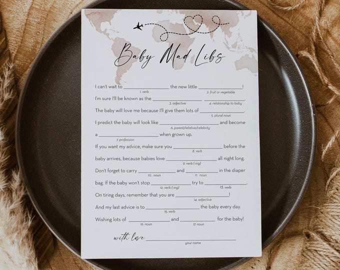 Adventure Baby Shower Mad Libs Game, Travel Theme Baby Shower Mad Libs Game, World Map, Printable, Instant Download, Templett #0039-32BAG