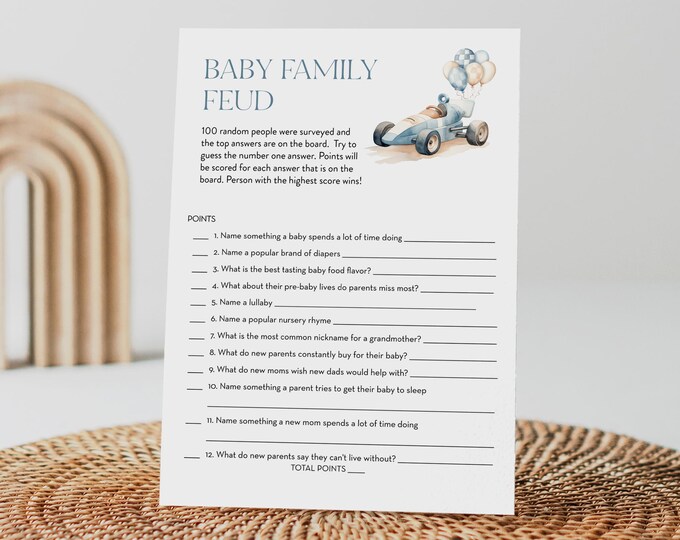 Baby Family Feud Game, Vintage Race Car Boy Baby Shower Game, Answers Included, Editable Template, Instant Download, Templett #0068-06BAG