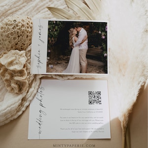 May include: A white card with black text announcing a wedding. The card features a photo of a couple in a garden setting. The text reads "wedding photos Sophia + james" and includes a QR code to view wedding photos. The text also includes the date of the wedding and the location: "Santa Cruz, California on 9.15.20XX".