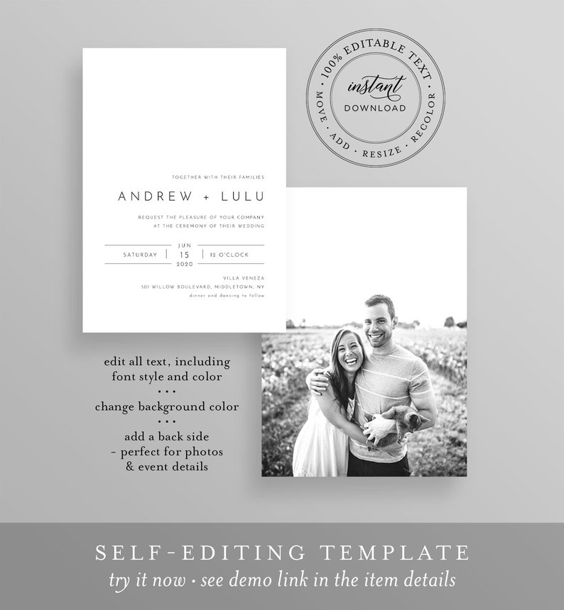 Modern Pocket Fold Wedding Invitation Set, Minimalist Invite & Enclosure Cards, Instant Download, 100% Editable Template, Templett 094PF image 5