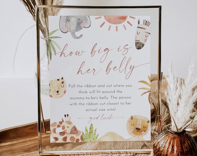 How Big Is Her Belly Game, Safari Jungle Baby Shower Sign, Ribbon, Gender Neutral, Editable Template, Printable, Templett #0054-26BAG