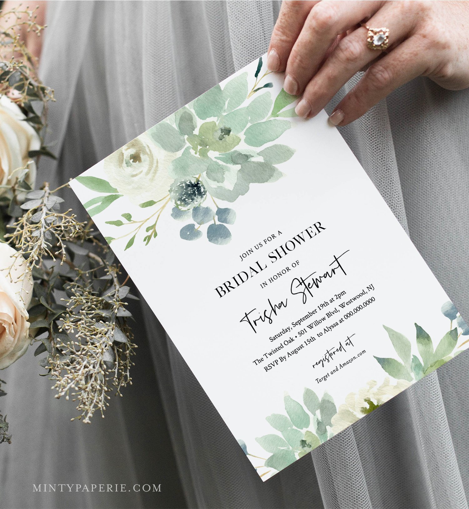 Succulent Bridal Shower Invitation Template, Delicate Garden Greenery, Wedding, DIY Printable