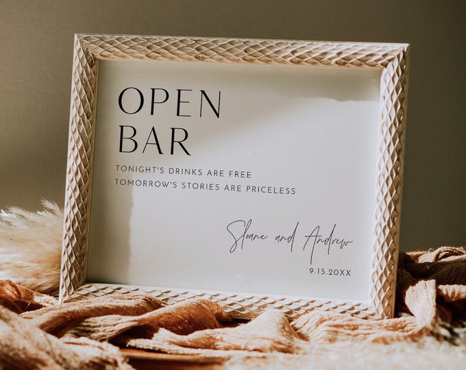 Minimalist Open Bar Wedding Sign Template, Printable Bar Sign, Editable, Cocktails, Alcohol, Drinks, Instant Download, Templett #0026B-15S