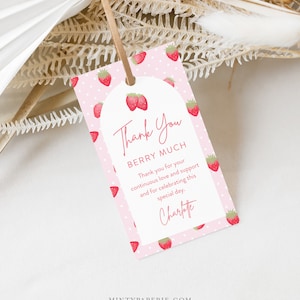 Strawberry Favor Tag, babyshowertag, verjaardagstag, Thank You Berry Much-tag, bewerkbare sjabloon, direct downloaden, Templett #0041-232 FT