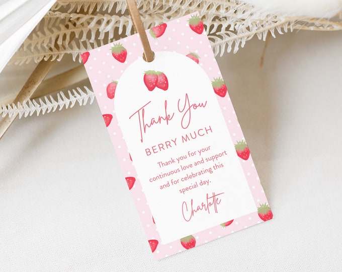 Strawberry Favor Tag, Baby Shower Tag, Birthday Tag, Thank You Berry Much Tag, Editable Template, Instant Download, Templett #0041-232FT