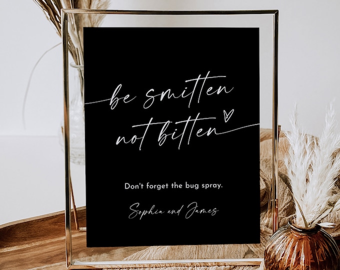 Bug Spray Sign, Classic Black Outdoor Wedding Ceremony, Be Smitten Not Bitten, 100% Editable Template, Instant Download, Templett #0034B-71S