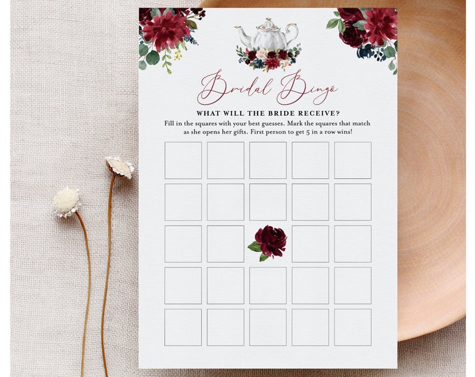 Bridal Bingo Game, Fall Tea Party Bridal Shower Printable, Teapot Bingo Game Template, Instant Download, Editable, Templett #085B-236BG