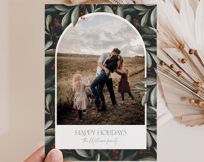 Photo Holiday Card Template, Modern Holly Christmas Card, Arch, Greenery, Editable, Add Your Photo, Instant Download, Templett, 5x7 #140HP