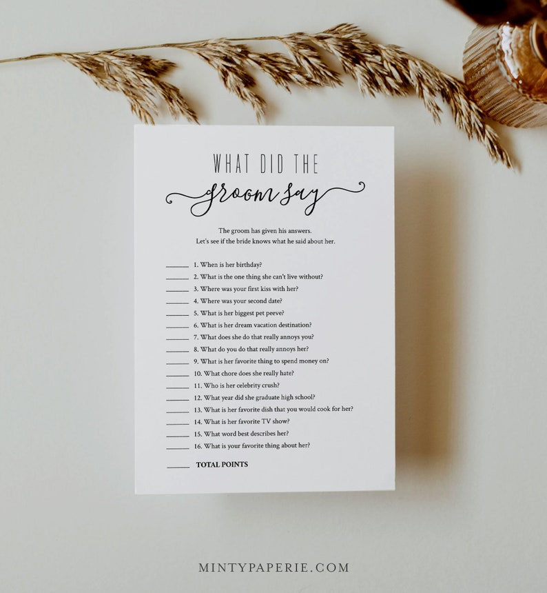 What Did the Groom Say Bridal Shower Game, Bridal Quiz, Printable Wedding Shower Game, Couples Shower, Instant Download, Templett 030-108BG image 2