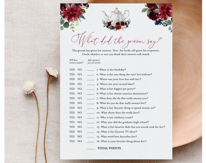 What Did the Groom Say, Tea Party Bridal Shower Game, Printable Bridal Game, Editable Template, Instant Download, Templett, 5x7 #085B-237BG