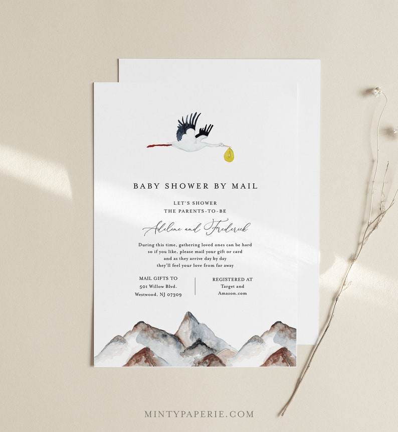 May include: A baby shower invitation with a watercolor illustration of mountains and a stork carrying a yellow egg. The text reads "Baby Shower by Mail", "Let's Shower the Parents-to-be", "Aline and Frederick", "Mail Gifts to 501 Willow Blvd. Westwood, NJ 07309", "Registered at Target and Amazon.com", and "MintyPaperie.com".