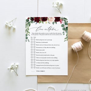 May include: A printable bridal shower game with a floral design in shades of burgundy, pink, and green. The game is called "Over or Under" and asks guests to guess whether the number in each question is over or under a certain amount.