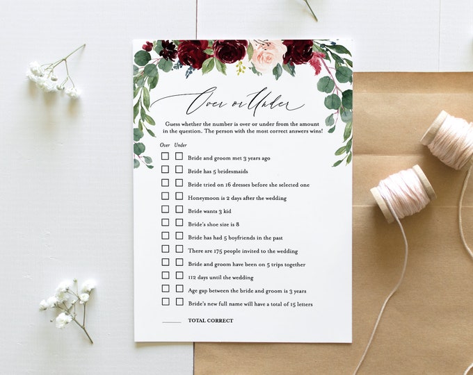 Over or Under Bridal Shower Game, Editable Template, Customize Questions, INSTANT DOWNLOAD, Printable Boho Wedding Shower Game #062-129BG