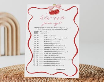 Cherry What Did the Groom Say, Coquette Bow Bridal Shower Game, Printable, Editable Template, Instant Download, Templett  #0056-08BRG