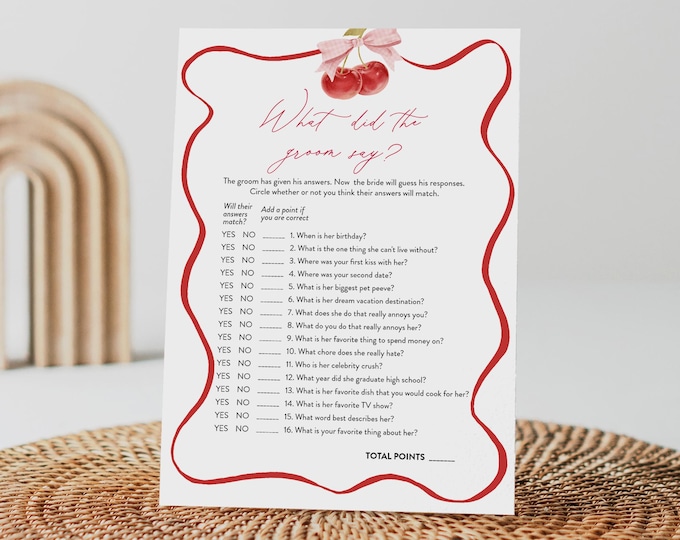 Cherry What Did the Groom Say, Coquette Bow Bridal Shower Game, Printable, Editable Template, Instant Download, Templett  #0056-08BRG