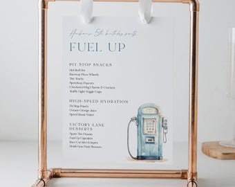 Race Car Menu, Printable Vintage Race Car Birthday Party 5x7 Menu Card, Fuel Up, Editable Template, Instant Download, Templett #0068-165WM