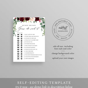 May include: A printable game card with a floral design in shades of burgundy, pink, and green. The card features the text "He Said, She Said. Guess Who Said It." and a list of 14 statements about relationships. The card is designed for a wedding shower or bridal party game.