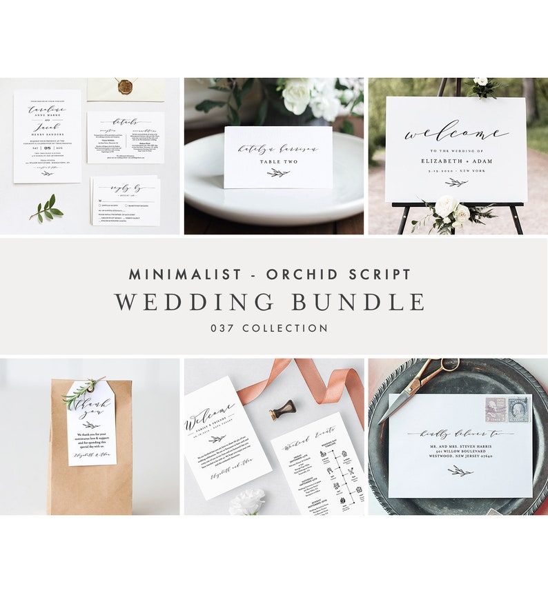 Minimalist Wedding Bundle, Classic Wedding Essential Templates, Invitation Suite, 100% Editable Text, Instant Download, Templett 037-BUNDLE image 1