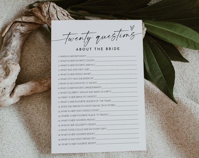 20 Questions About the Bride, Bridal Shower Game, How Well Do You Know the Bride, Editable Template, Instant Download, Templett #0034W-33BRG