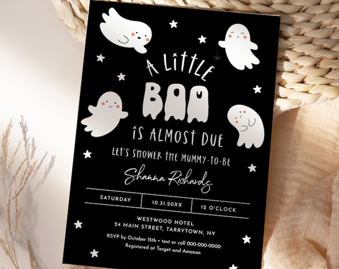 Halloween Baby Shower Invitation, A Little Boo Almost Due, Gender Neutral, Kawaii Cute Ghosts, Editable Template, Templett #0001-228BA