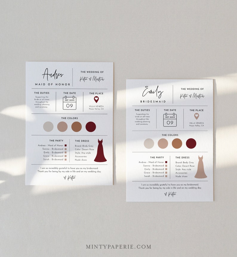 May include: Two cards with a modern design for a maid of honor and bridesmaid. The cards feature the names "Andrea" and "Emily" with the title "Maid of Honor" and "Bridesmaid". The cards include the wedding date, location, and dress code for the wedding party.