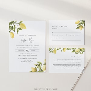 Zitrus Zitrone Hochzeitseinladung Set, Sommer Hochzeit einladen, Details, RSVP, bearbeitbare Vorlage, druckbar, Sofort Download, Templett #089A