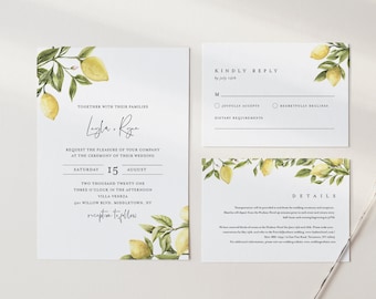 Citrus Lemon Wedding Invitation Set, Summer Wedding Invite, Details, RSVP, Editable Template, Printable, Instant Download, Templett #089A