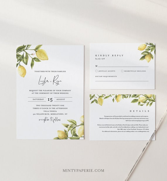 Citrus Lemon Wedding Invitation Set, Summer Wedding Invite, Details, RSVP, Editable Template, Printable, Instant Download, Templett #089A