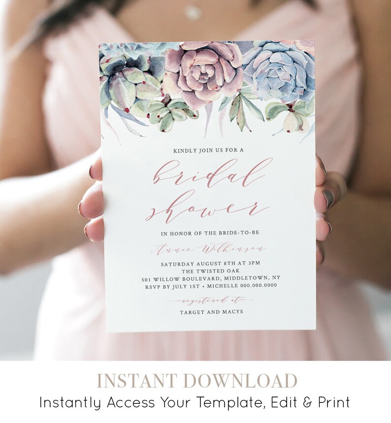 Succulent Bridal Shower Invitation, Printable Couples Shower Invite, 100% Editable Template, INSTANT DOWNLOAD, Boho Cactus 041-117BS image 1