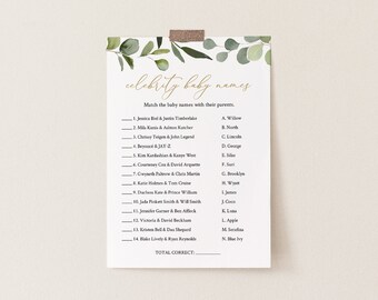 Celebrity Baby Name Game, Printable Baby Shower Game, Greenery and Gold, Editable Template, Instant Download Templett #056-118BASG