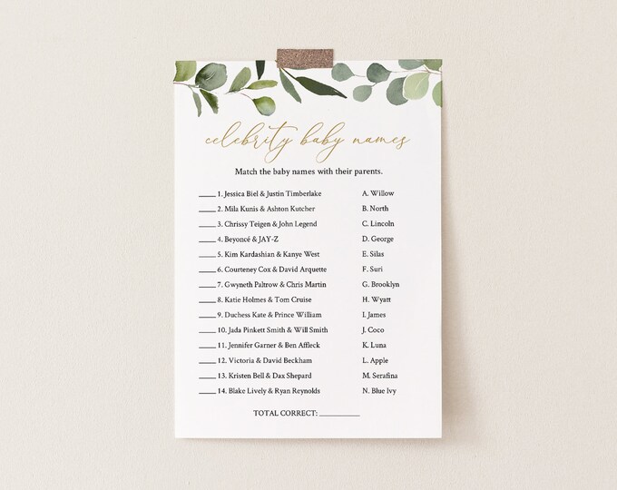 Celebrity Baby Name Game, Printable Baby Shower Game, Greenery and Gold, Editable Template, Instant Download Templett #056-118BASG