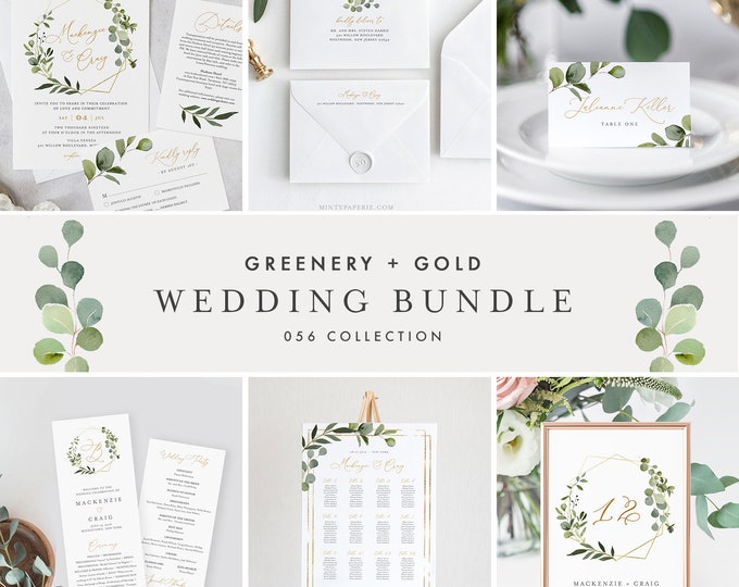 Greenery & Gold Wedding Bundle, Wedding Essential Templates, Invitation Suite, 100% Editable Text, Instant Download, Templett #056-BUNDLE