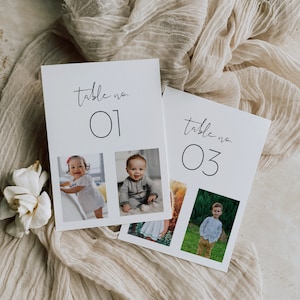 Tarjeta de número de mesa de fotos, imágenes de la infancia, mesa de boda minimalista, agregue su imagen, plantilla editable, instantánea, 4x6, 5x7 #0031-211TC
