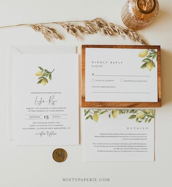 Citrus Lemon Wedding Invitation Set, Summer Wedding Invite, Details, RSVP, Editable Template, Printable, Instant Download, Templett #089B