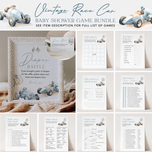 Vintage Race Car Baby Shower Game Bundle, 29 Games, Boy, Blue Car, Little Racer, Editable Template, Instant Download, Templett 0068-BBGB