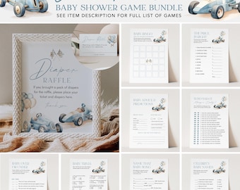 Vintage Race Car Baby Shower Game Bundle, 29 Games, Boy, Blue Car, Little Racer, Editable Template, Instant Download, Templett 0068-BBGB