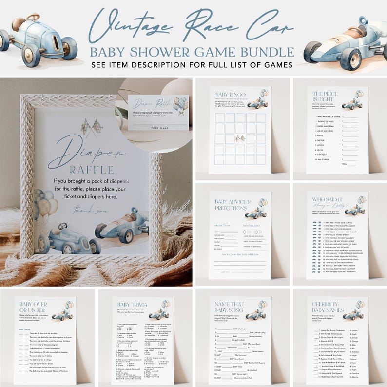 May include: A set of printable baby shower game cards featuring a vintage blue race car design. The games include Baby Bingo, Baby Advice & Predictions, Who Said It, Baby Over or Under, Baby Trivia, Name That Baby Song, and Celebrity Baby Names.