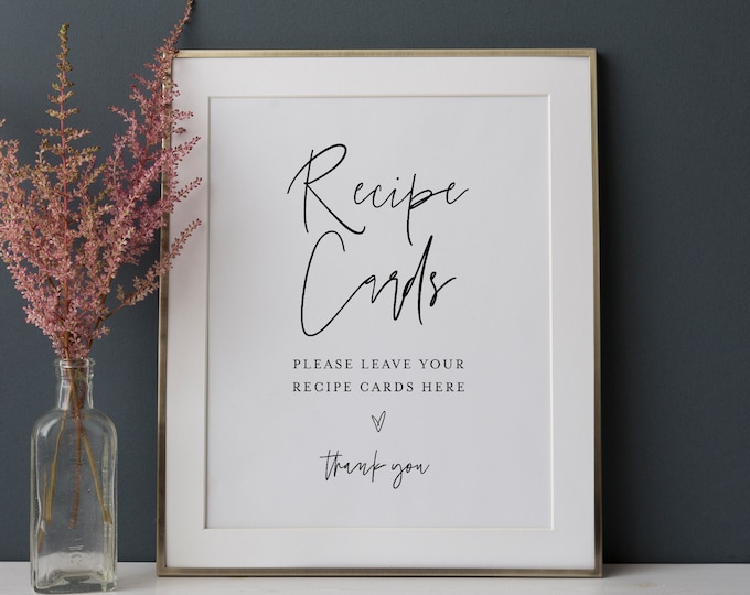 Recipe Card Sign, Leave Your Recipe Cards Here, Minimalist Bridal Shower, Editable Template, Instant Download, Templett, 8x10 #0009-83S