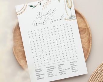 Word Search Game, Pearls and Prosecco Bridal Shower Word Find Game, Word Puzzle, Brunch and Bubbly, Instant Download, Templett #0065-20BRG