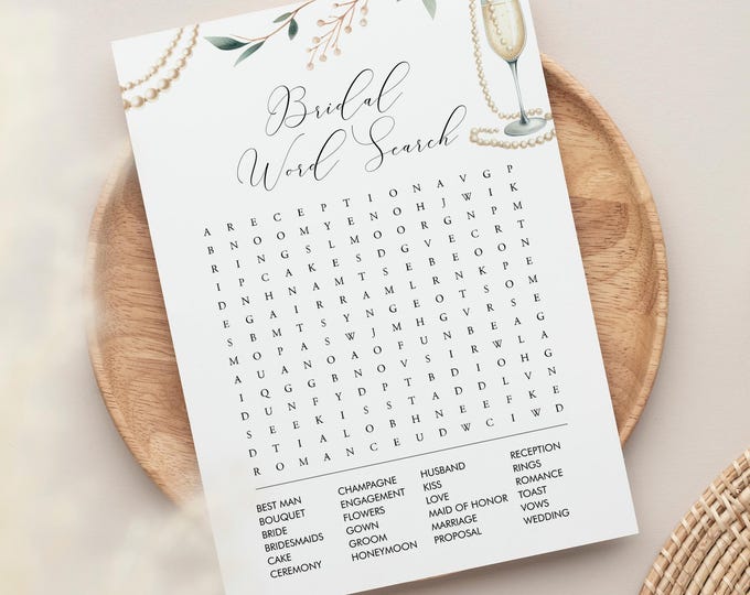 Word Search Game, Pearls and Prosecco Bridal Shower Word Find Game, Word Puzzle, Brunch and Bubbly, Instant Download, Templett #0065-20BRG
